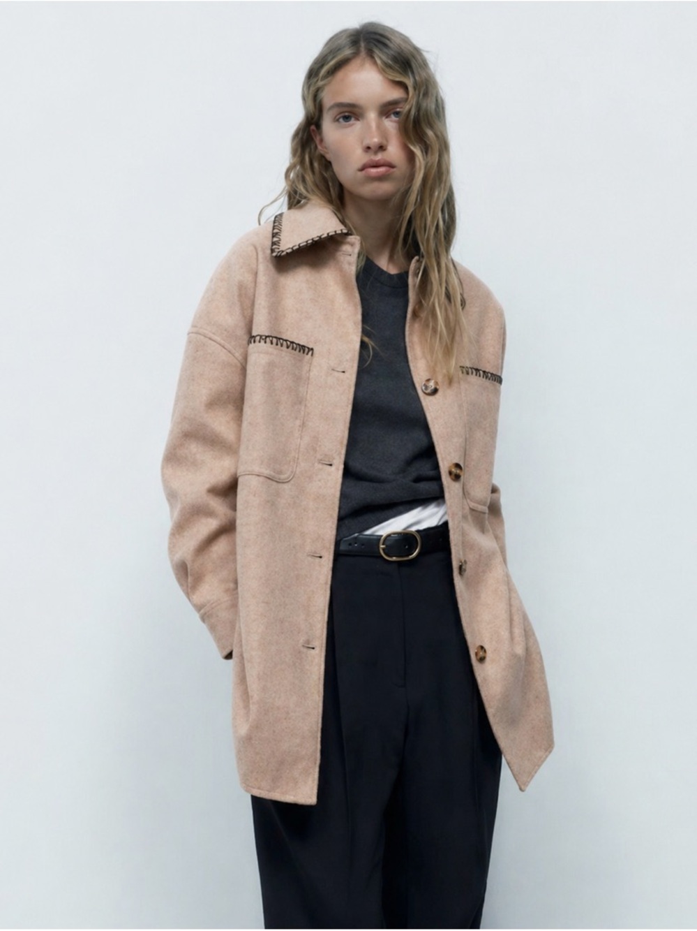 Zara Contrast Stitch Overshirt Jacket Wool Blend Beige Size S Western Chic Fall